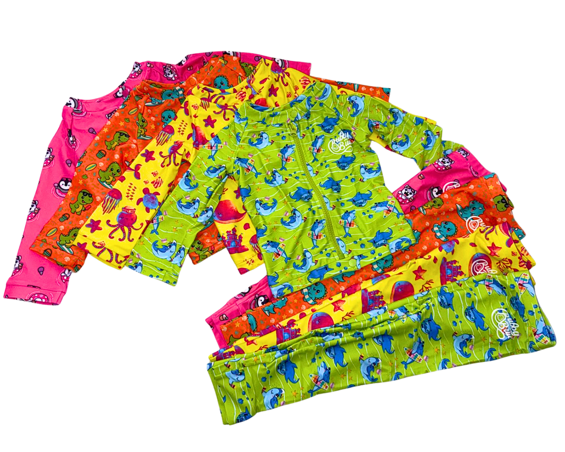 Bubby Buu SafeSplash two-piece swim set in bright high-visibility print